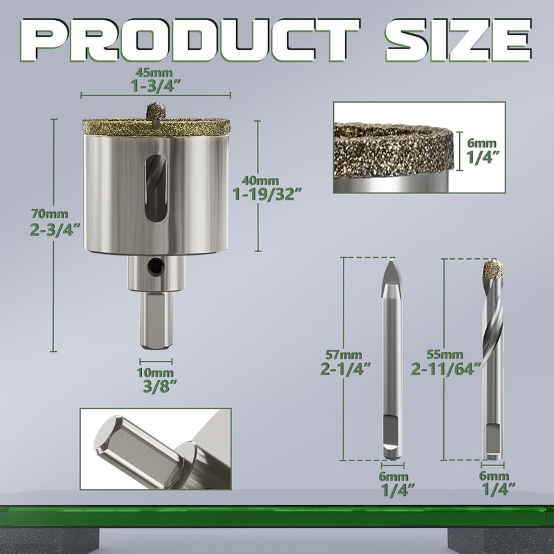 CSOOM 1-3/4"(45mm) Diamond Hole Saw with Center Drill Bit, One-Touch Positioning, Easy to Penetrate Hard Materials Such as Ceramic, Tile, Glass, Granite, Marble, etc. - Image 2
